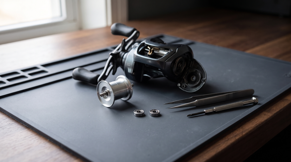 Baitcasting reel on a work mat with the spool removed and two new spool bearings in front of it