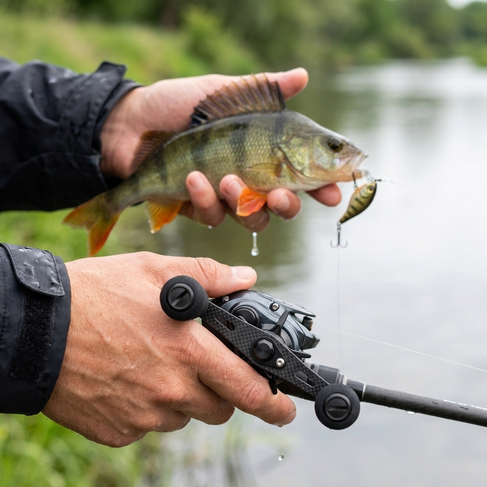 Angler holding a perch caught on a small crankbait, baitcaster in the other hand