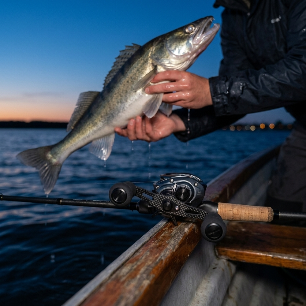 Zander held over the side of a boat at dusk, baitcaster resting on the gunwale