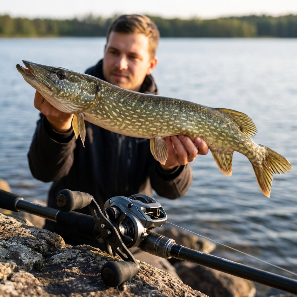 Angler on the shore holding a pike, baitcaster on the rock in front