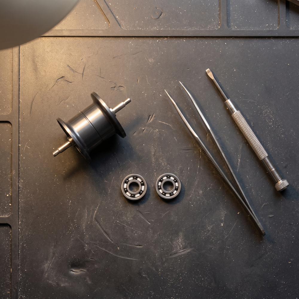 Two Apex spool bearings next to a baitcaster spool and tweezers on the workbench