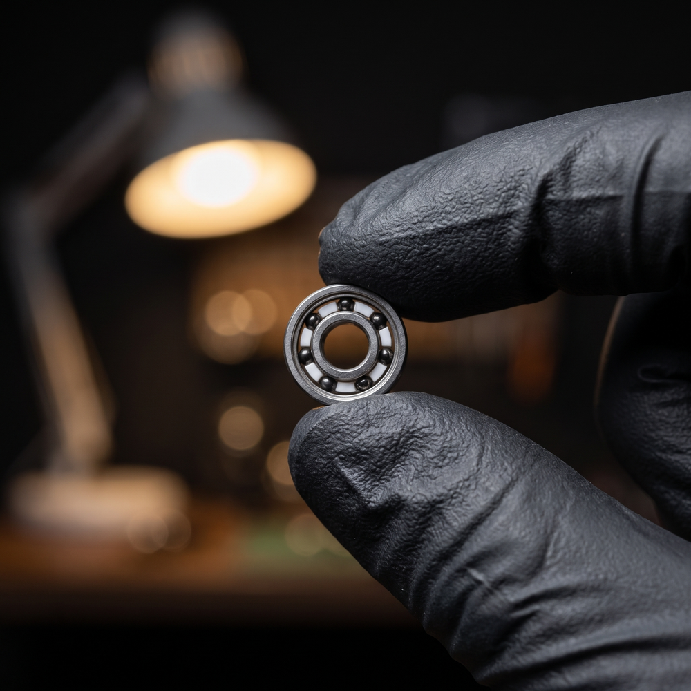 An Apex spool bearing held between two gloved fingertips in the workshop