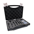 Open black case of the Baitcaster Reel Tool Kit with tweezers, a brush and other black tools in gray foam, plus two small boxes