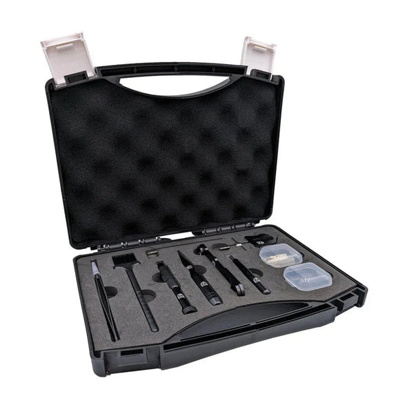 Open black case of the Baitcaster Reel Tool Kit with tweezers, a brush and other black tools in gray foam, plus two small boxes