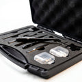Baitcaster Reel Tool Kit in an open black case with foam, holding a stepped bearing tool, black hand tools and two clear boxes