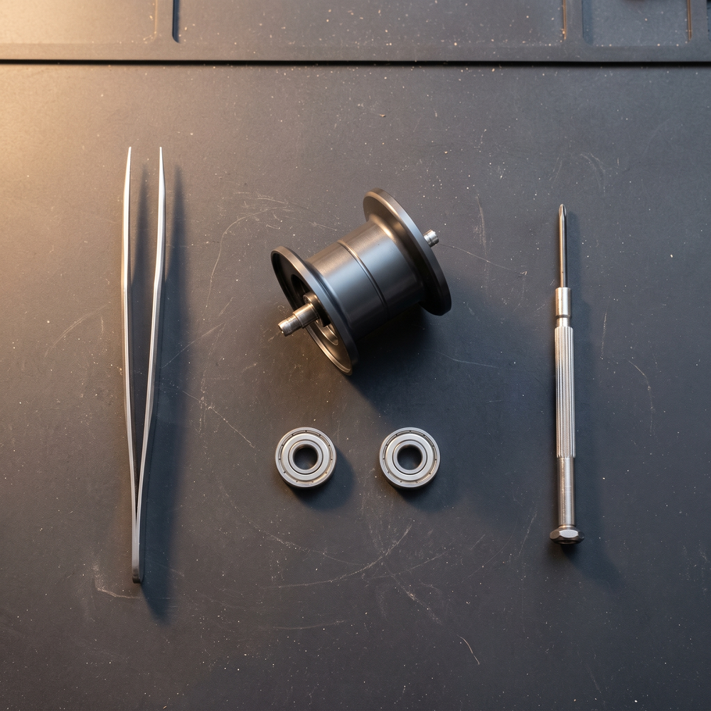 Two Core spool bearings next to a baitcaster spool and tweezers on the workbench