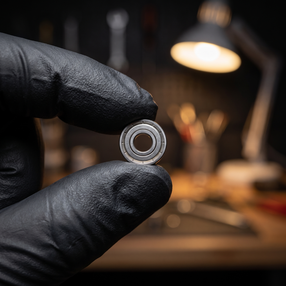 A Core spool bearing held between two gloved fingertips in the workshop