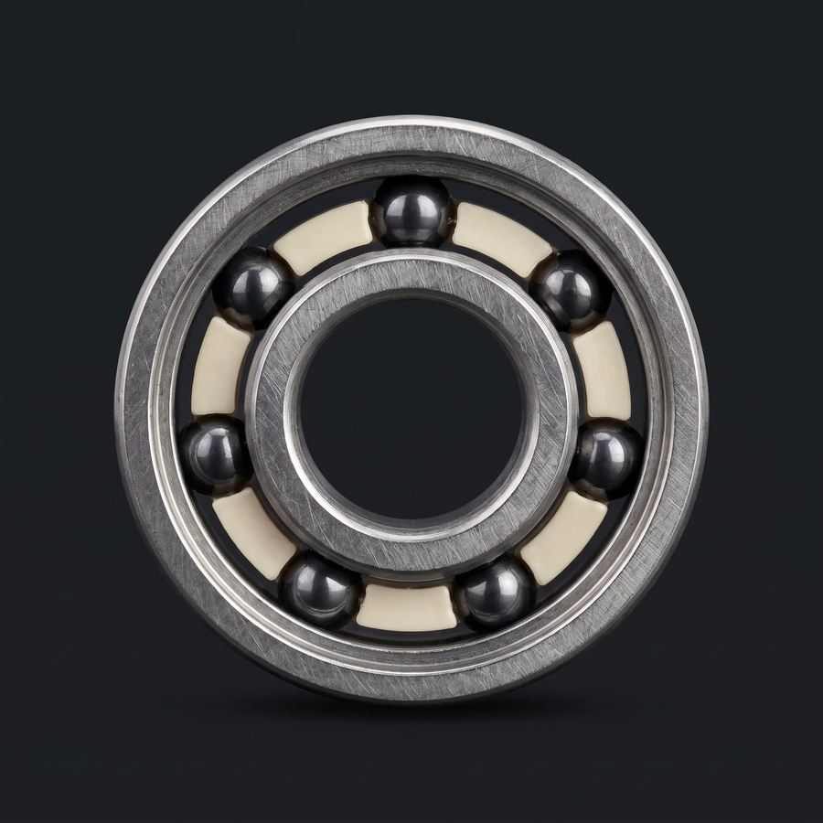 Open Apex spool bearing from the front with ceramic balls in a PEEK cage