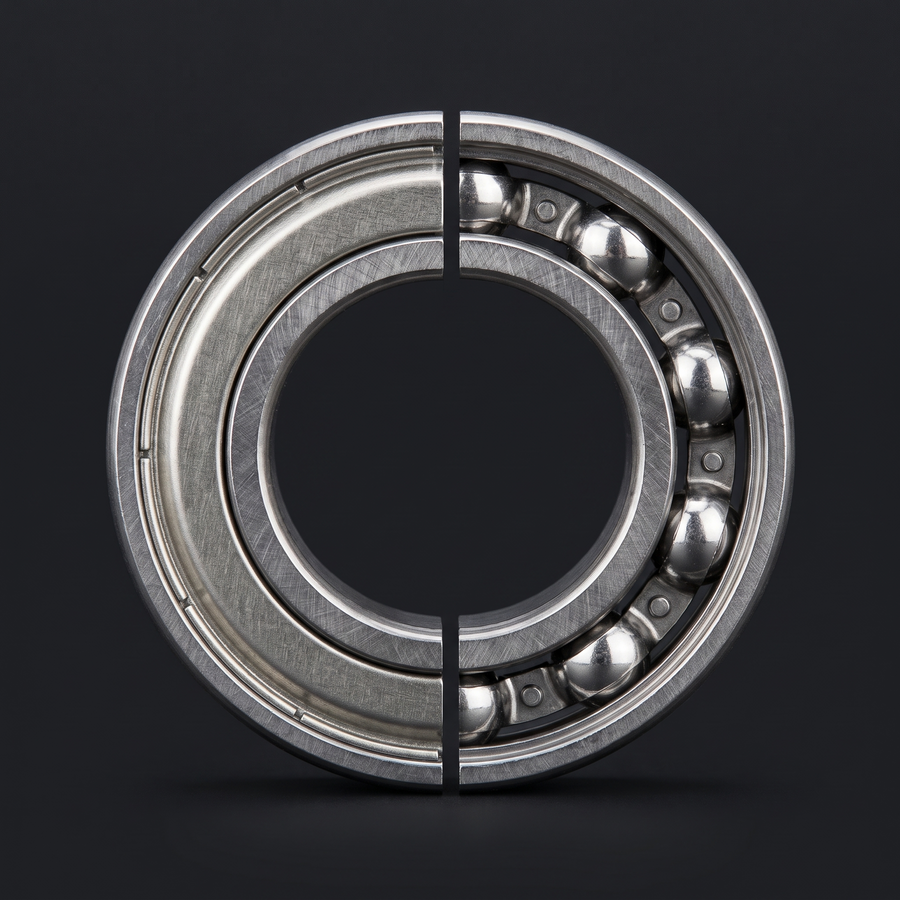 Core spool bearing from the front, left half with metal shield, right half cut open with steel balls and cage