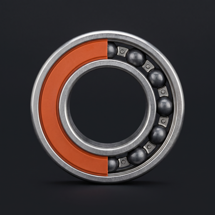 Edge spool bearing from the front, left half with orange seal, right half cut open with ceramic balls and cage