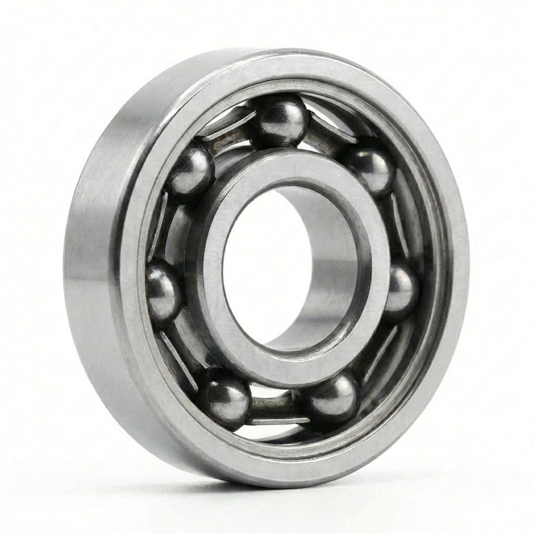 Open Edge Bearing standing on its edge on a white background, its steel balls and cage visible between the rings