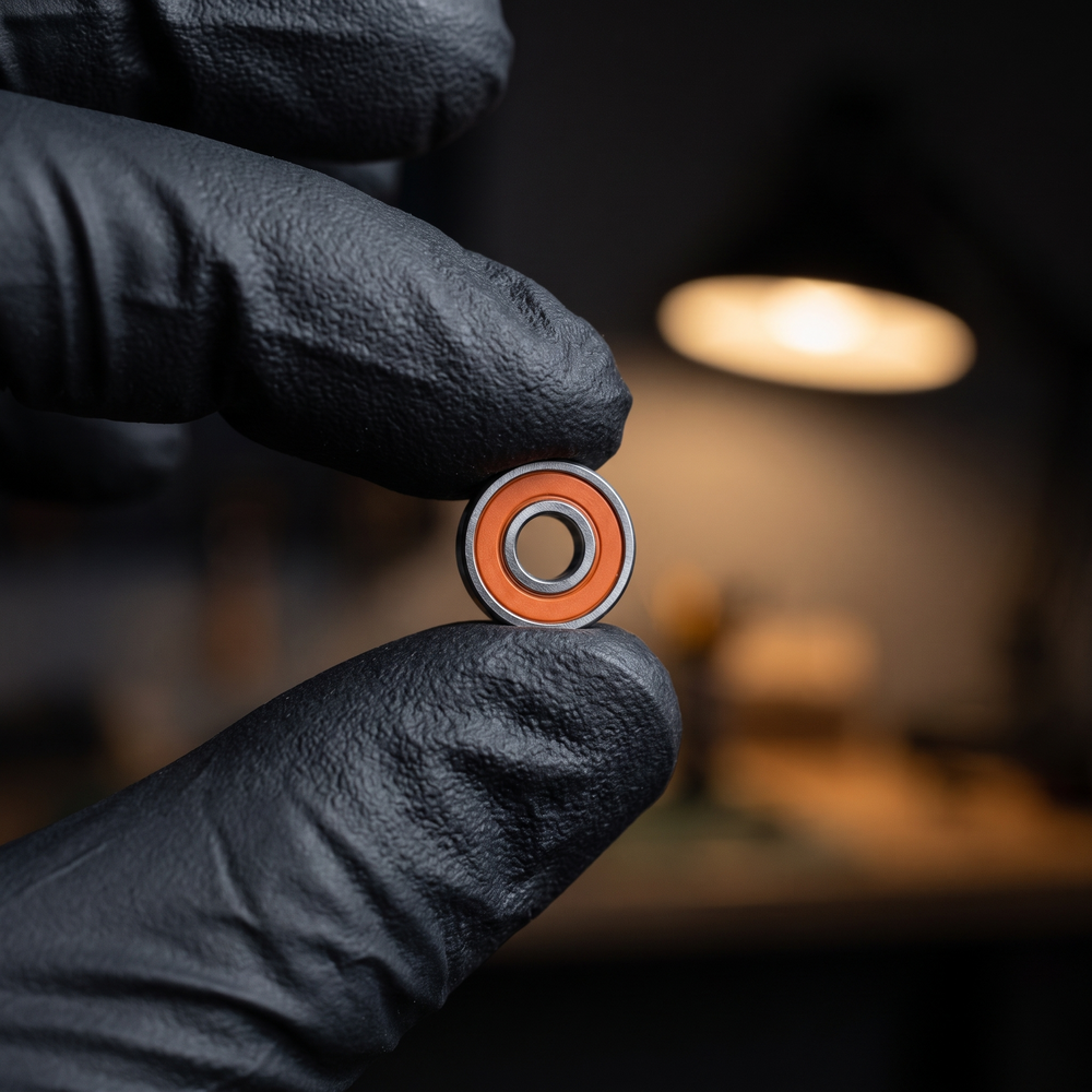 A sealed Edge spool bearing held between two gloved fingertips in the workshop