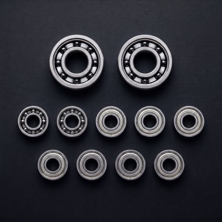 Full bearing kit for Shimano 22 Aldebaran BFS: 11 bearings laid out, 2 Apex, 2 Edge Open and 7 Core