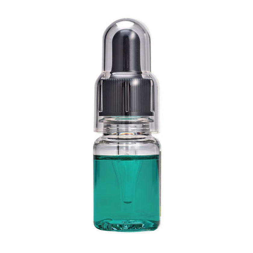 Glitch Oil High spec in a clear dropper bottle with teal oil and a black dropper under a clear cap, on a white background