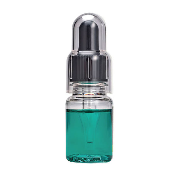 Glitch Oil High spec in a clear dropper bottle with teal oil and a black dropper under a clear cap, on a white background