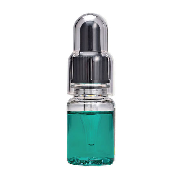 Glitch Oil High spec in a clear dropper bottle with teal oil and a black dropper under a clear cap, on a white background