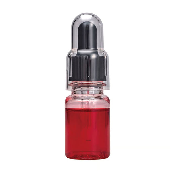 Glitch Oil Tefrosso in a small clear bottle filled with red oil, with a black dropper cap under a clear cover, on white