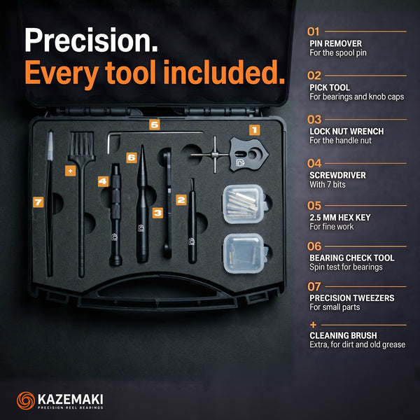 Tool case with pin remover, pick tool, lock nut wrench, screwdriver, hex key, bearing check tool and tweezers