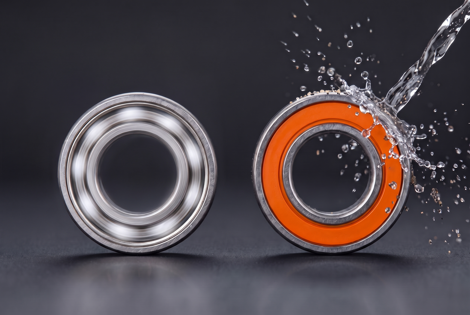 Two spool bearings in splash water: an open one on the left and a sealed one with an orange seal on the right