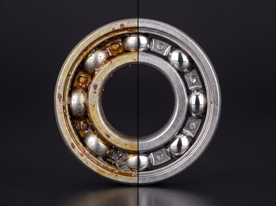 A spool bearing split down the middle: the left half gummed up with old grease, dirt and rust, the right half clean and new